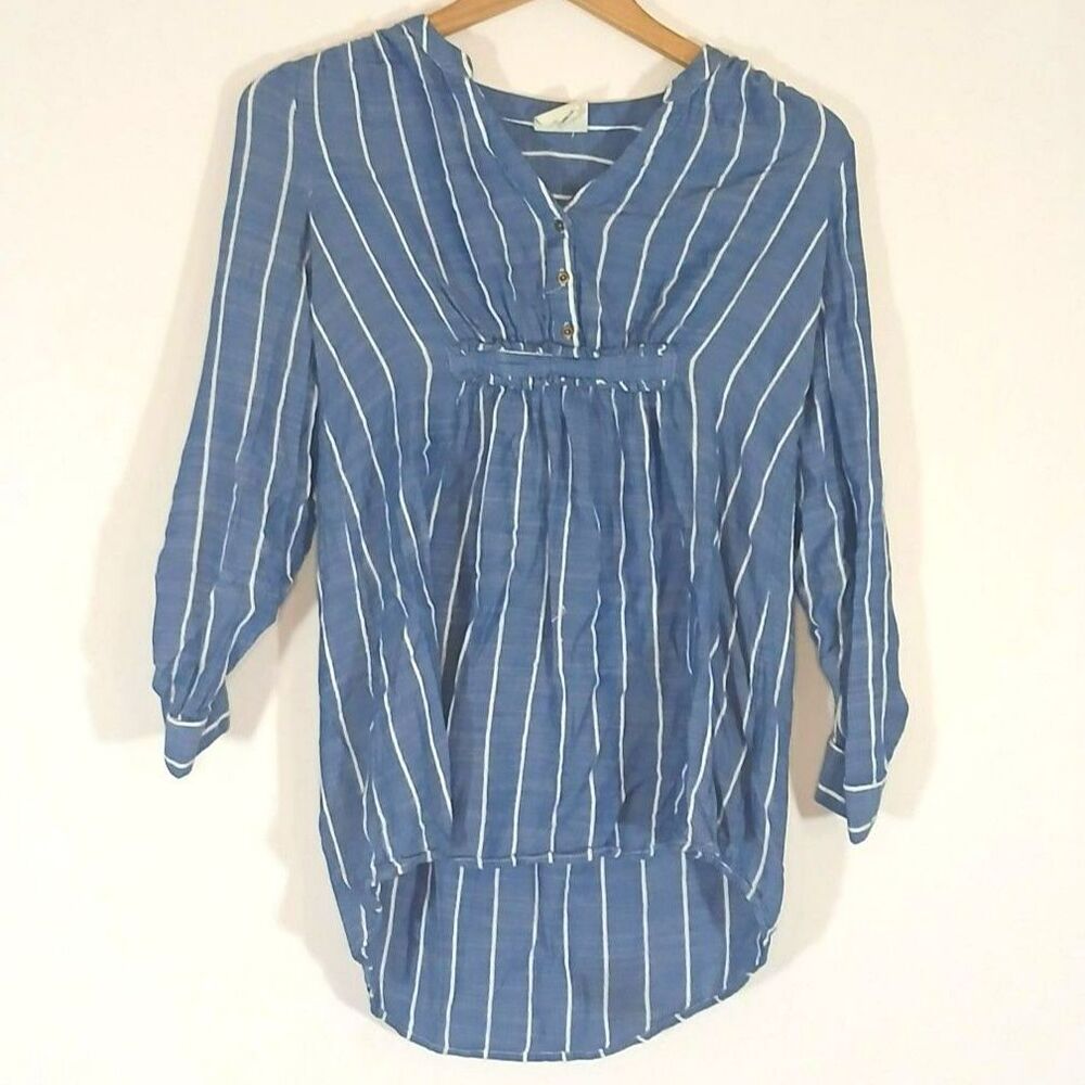 LED Luxe Essentials Denim Striped Roll Tab Tunic Maternity Blouse XS Boho